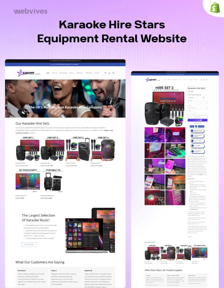 Karaoke Hire Stars Shopify store homepage design by WebVives
