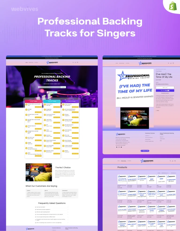 Professional Backing Tracks Shopify store homepage design by WebVives