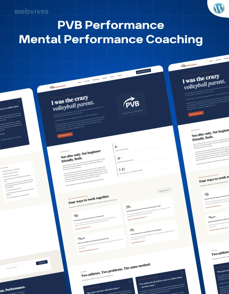 PVB Performance WordPress website homepage design by WebVives