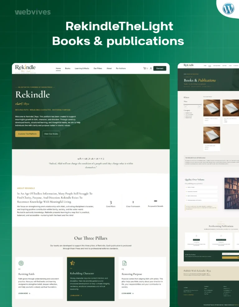 Rekindle | Ihsan Press WordPress store homepage design by WebVives