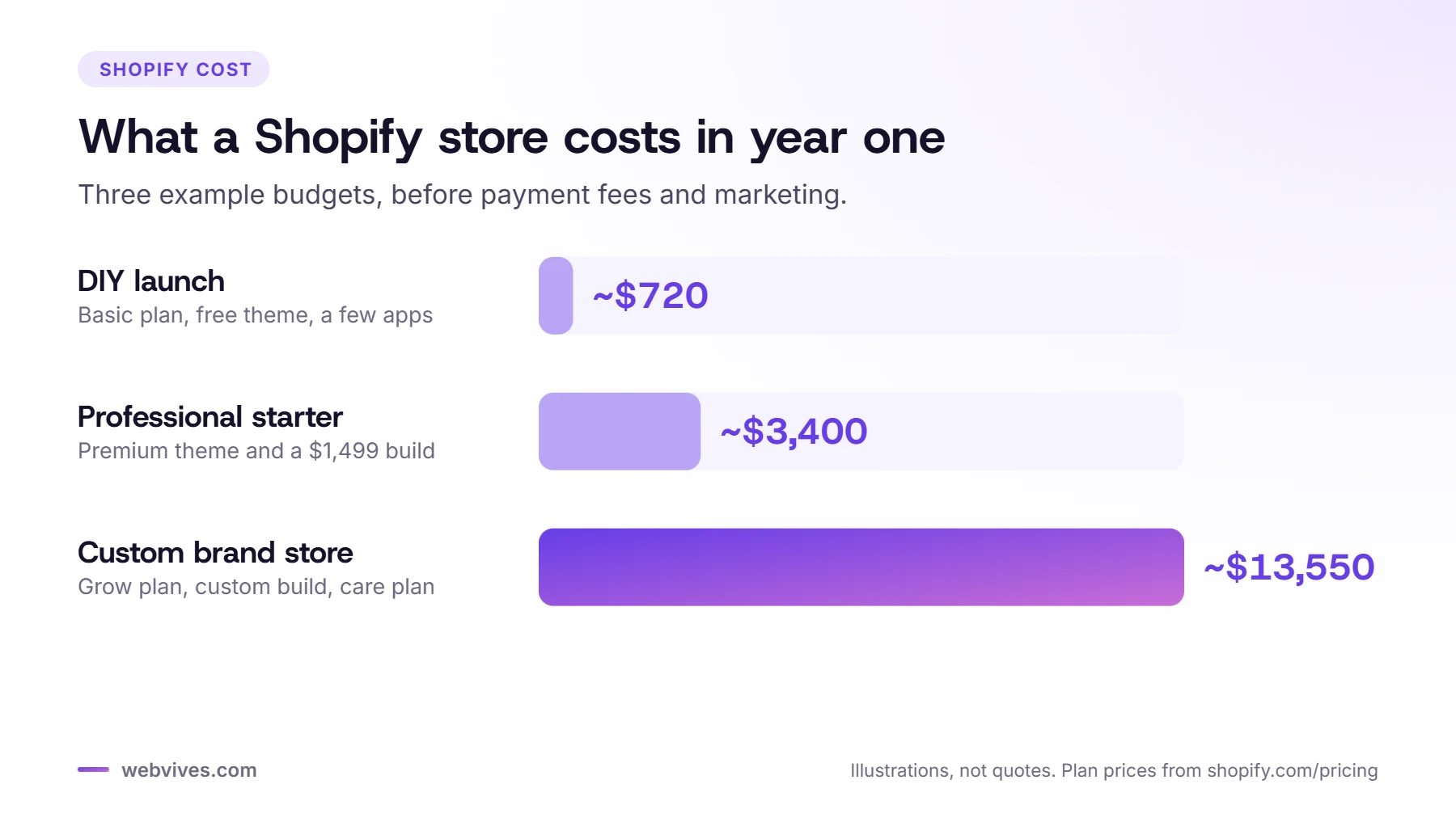 Example first-year Shopify budgets: DIY about $720, professional starter about $3,400, custom brand store about $13,550