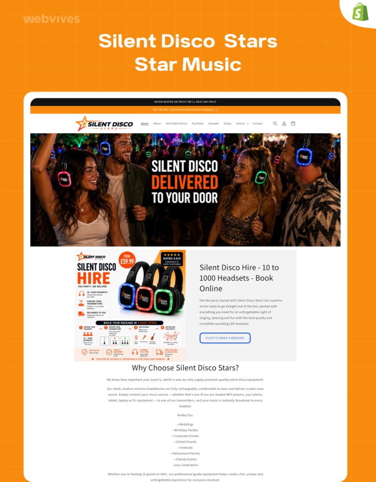 Silent Disco Stars Shopify store homepage design by WebVives