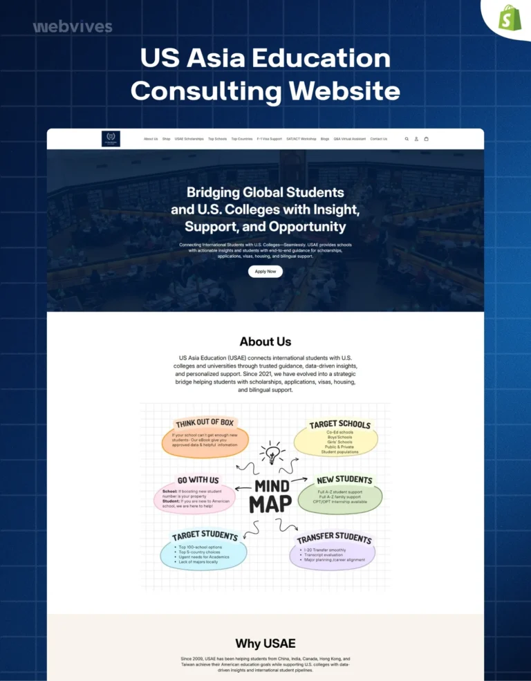 US-Asia Education Shopify store homepage design by WebVives